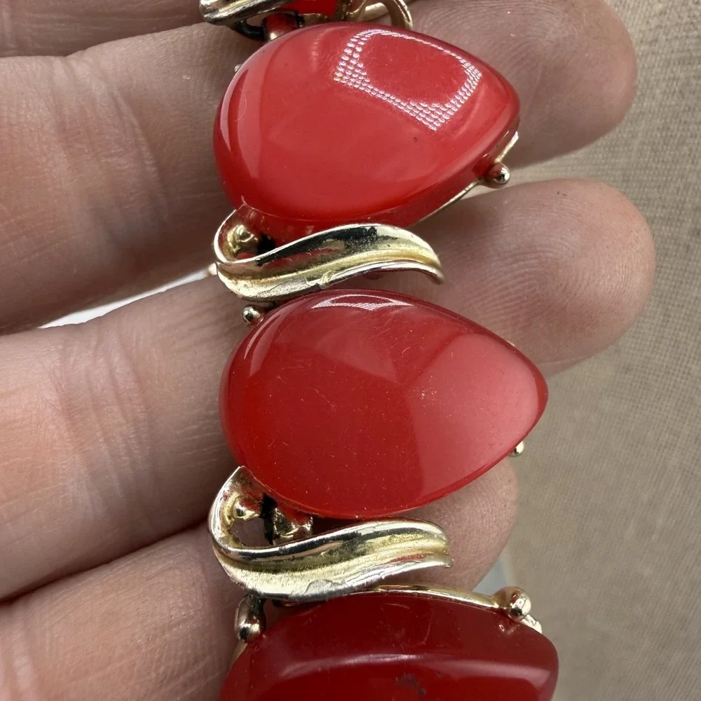 Vintage Estate Thermoset Necklace Red Silver Tone Choker 14in